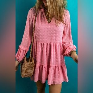 Swiss Dot V-Neck Long Sleeve Mini Dress